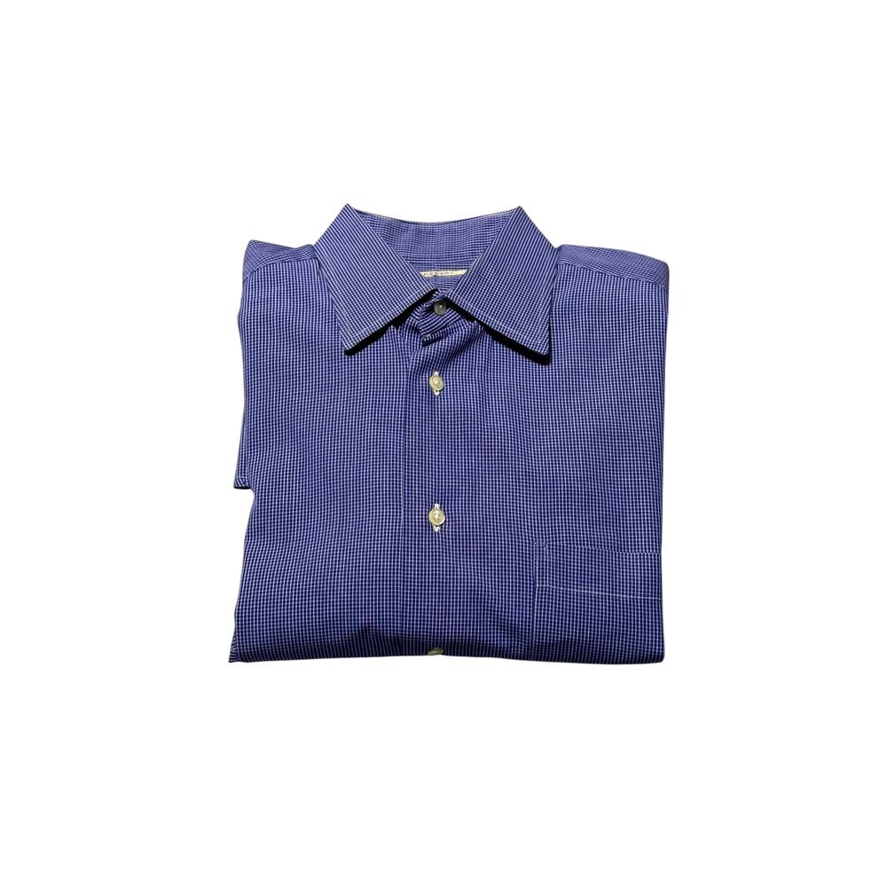 Burberry London Button-Up Dress Shirt Men's 15 Blue White Micro-Check Curved Hem - Picture 5 of 14